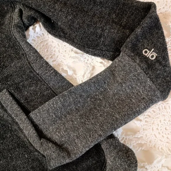 Alo Hoodie Sweatshirt Gray Pullover Fur Lined Hood Kangaroo Pocket Large Women L - Picture 5 of 11